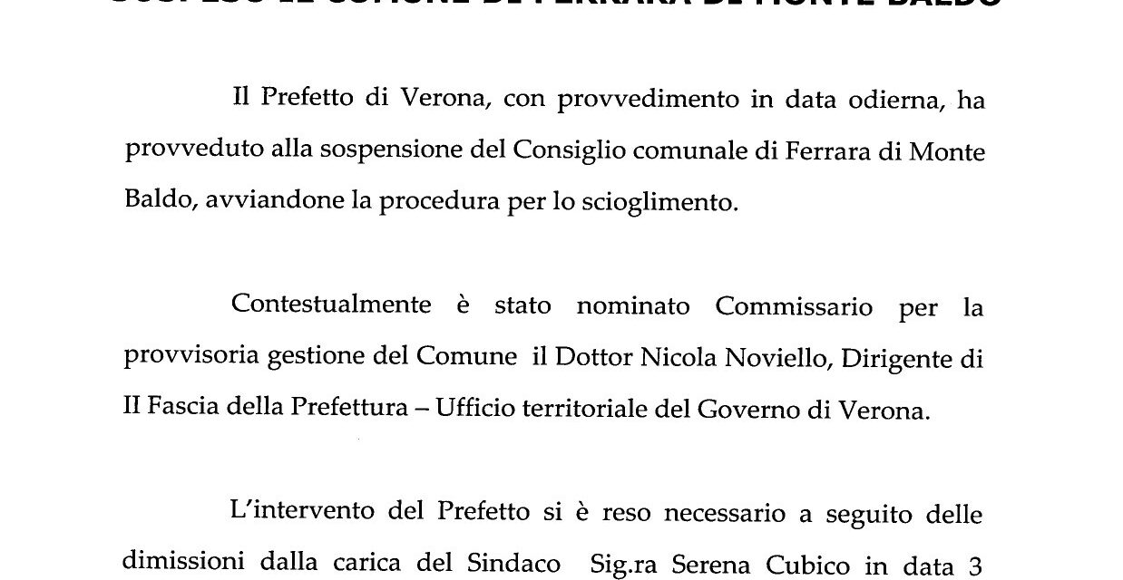 Ferrara di Monte Baldo, il Prefetto nomina il Commissario e manda a casa il Consiglio comunale